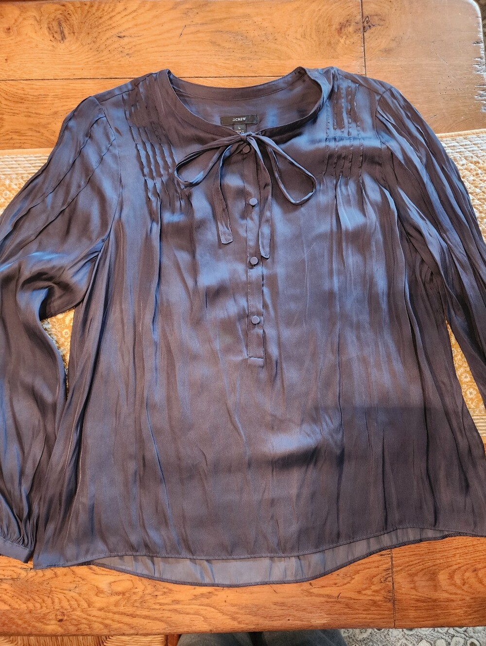 J. Crew Navy Silk Tie-Neck Pintuck Blouse